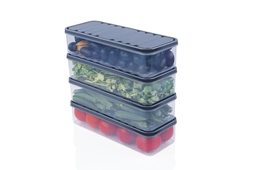 Fridge Storage Box -TEKCOOL (Pack of 6), Fridge Organiser Storage Boxes with Removable Drain Plate, Lids, Stackable Organizer, Fridge Storage Box Keep Fruits, Vegetables Fresher, 1500 ML