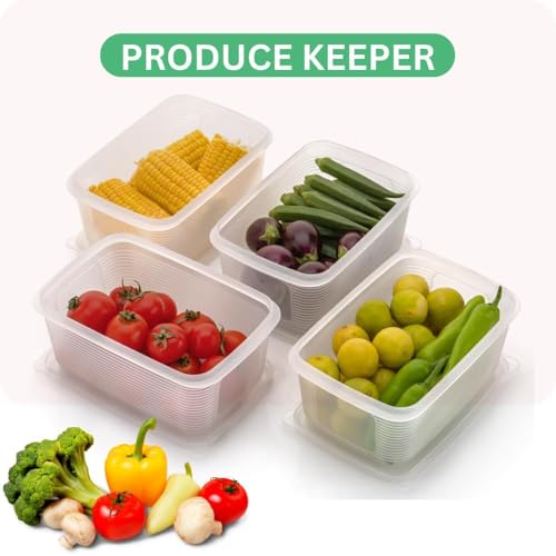 Fridge Storage Box -TEKCOOL (Pack of 6), Fridge Organiser Storage Boxes with Removable Drain Plate, Lids, Stackable Organizer, Fridge Storage Box Keep Fruits, Vegetables Fresher, 1500 ML