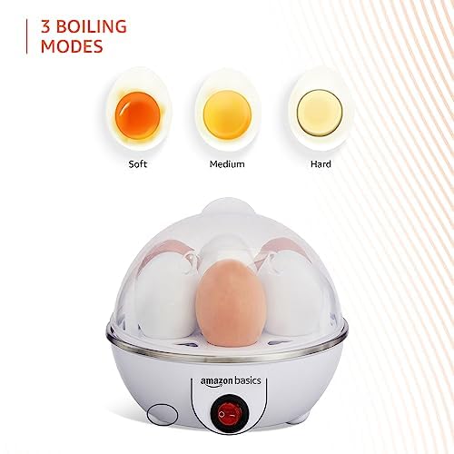 amazon basics Electric Egg Boiler | 350 Watt | Boils Upto 7 Eggs | Automatic Operation, 3 Boiling Modes | Overheat Protection | Stainless Steel Heating Plate, Measuring Cup | 75ml | Plastic | White