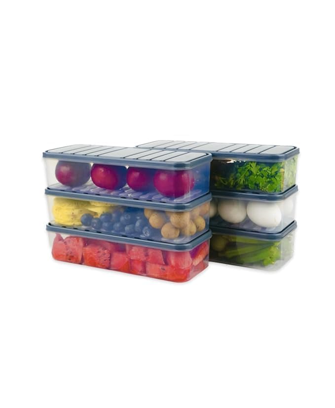 Fridge Storage Box -TEKCOOL (Pack of 6), Fridge Organiser Storage Boxes with Removable Drain Plate, Lids, Stackable Organizer, Fridge Storage Box Keep Fruits, Vegetables Fresher, 1500 ML