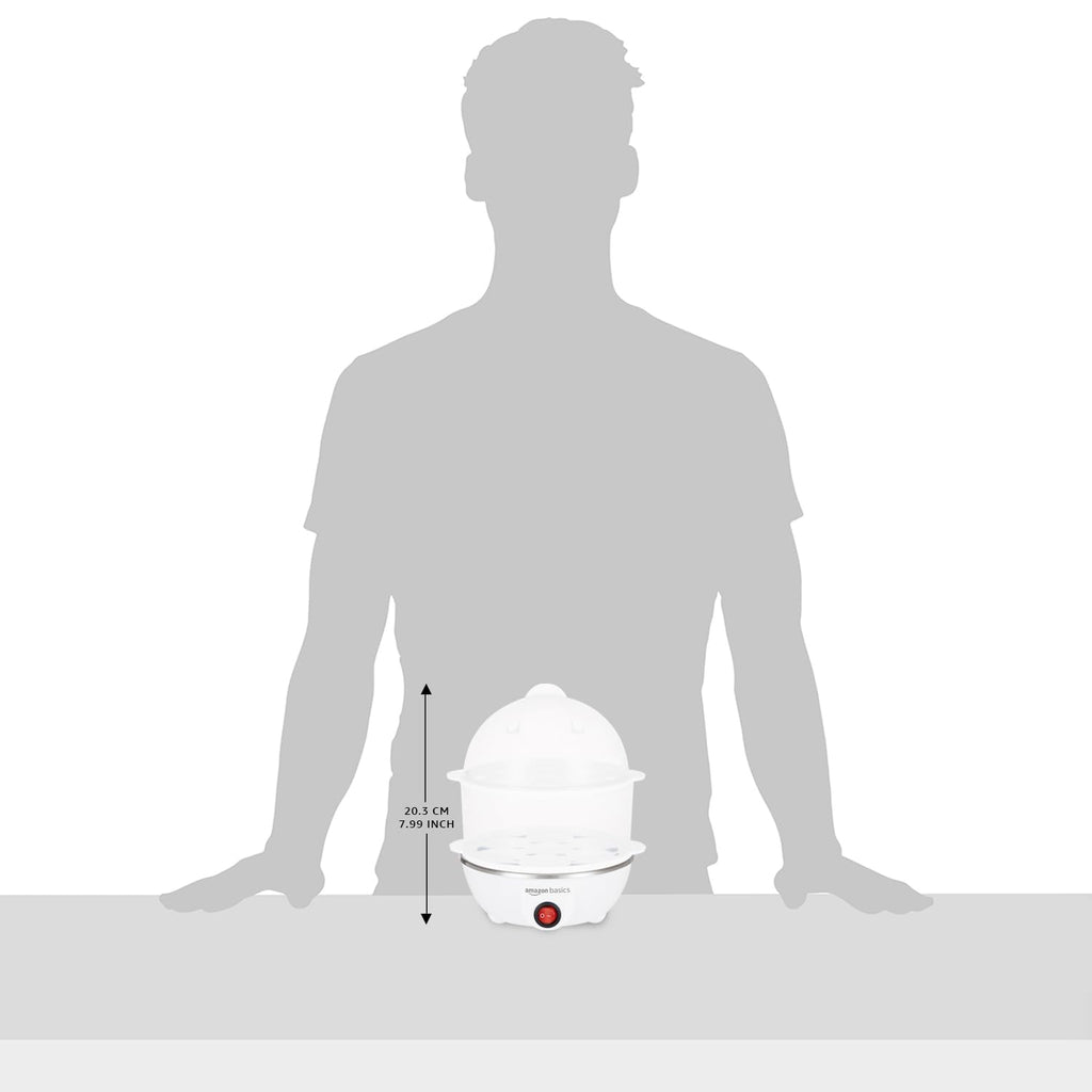 amazon basics Electric Egg Boiler | 350 Watt | Boils Upto 7 Eggs | Automatic Operation, 3 Boiling Modes | Overheat Protection | Stainless Steel Heating Plate, Measuring Cup | 75ml | Plastic | White