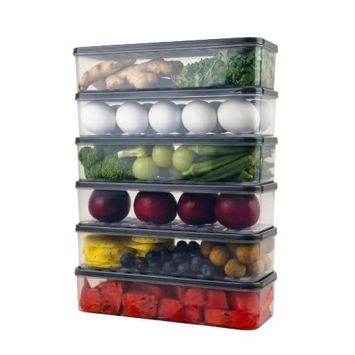 Fridge Storage Box -TEKCOOL (Pack of 6), Fridge Organiser Storage Boxes with Removable Drain Plate, Lids, Stackable Organizer, Fridge Storage Box Keep Fruits, Vegetables Fresher, 1500 ML