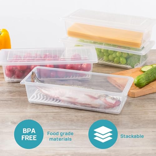 Fridge Storage Box -TEKCOOL (Pack of 6), Fridge Organiser Storage Boxes with Removable Drain Plate, Lids, Stackable Organizer, Fridge Storage Box Keep Fruits, Vegetables Fresher, 1500 ML
