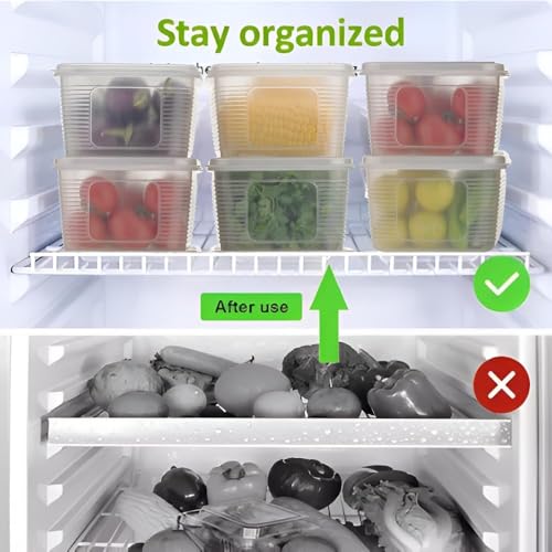 Fridge Storage Box -TEKCOOL (Pack of 6), Fridge Organiser Storage Boxes with Removable Drain Plate, Lids, Stackable Organizer, Fridge Storage Box Keep Fruits, Vegetables Fresher, 1500 ML