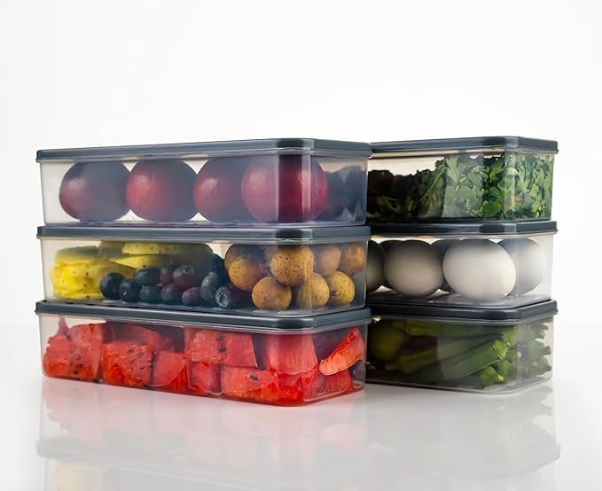 Fridge Storage Box -TEKCOOL (Pack of 6), Fridge Organiser Storage Boxes with Removable Drain Plate, Lids, Stackable Organizer, Fridge Storage Box Keep Fruits, Vegetables Fresher, 1500 ML