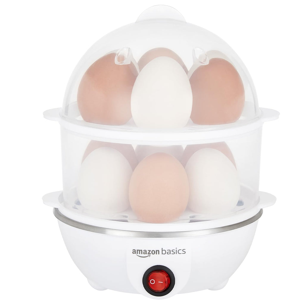 amazon basics Electric Egg Boiler | 350 Watt | Boils Upto 7 Eggs | Automatic Operation, 3 Boiling Modes | Overheat Protection | Stainless Steel Heating Plate, Measuring Cup | 75ml | Plastic | White