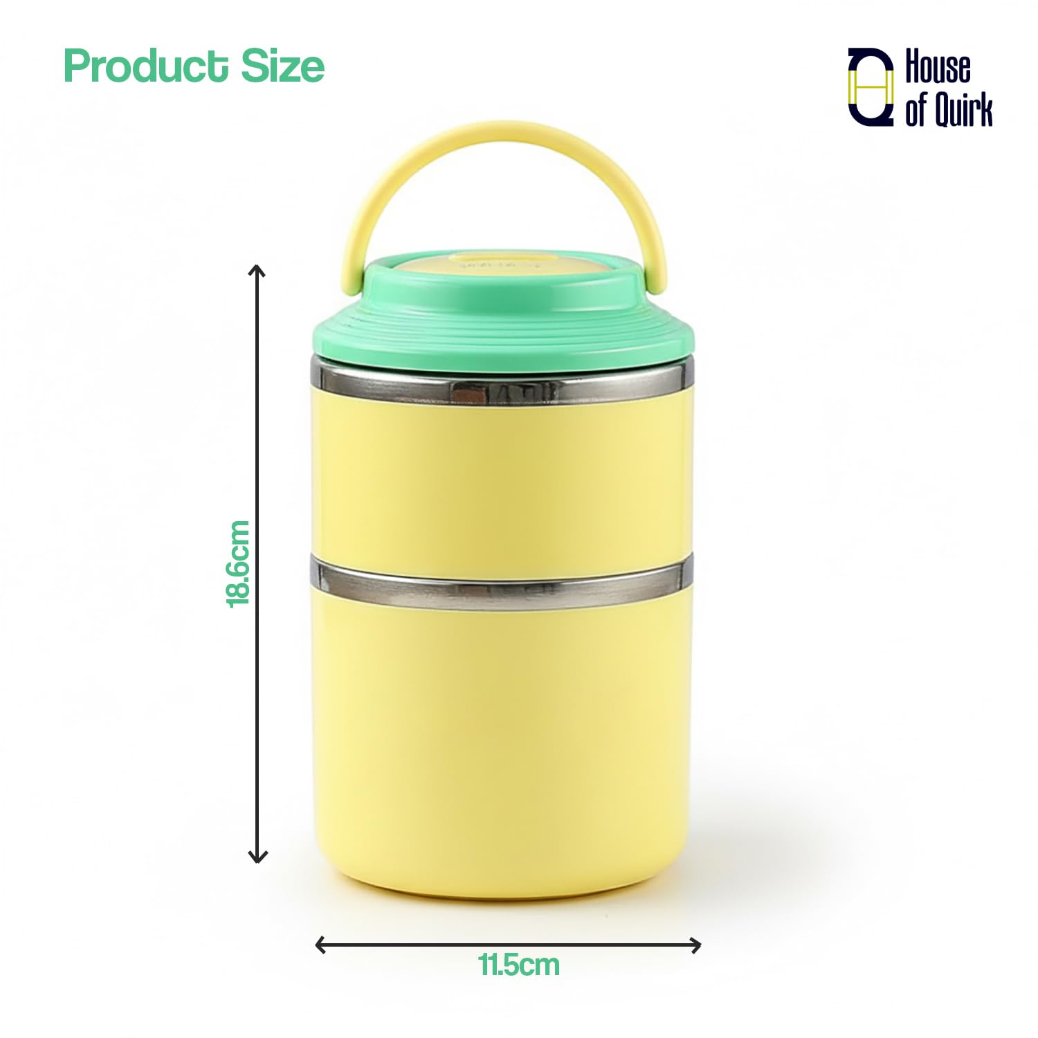 House of Quirk 304 Stainless Steel Lunch Box - 900ml Three-Layer Portable Bento Box with Lid for Office Workers & Students (Green/Yellow)
