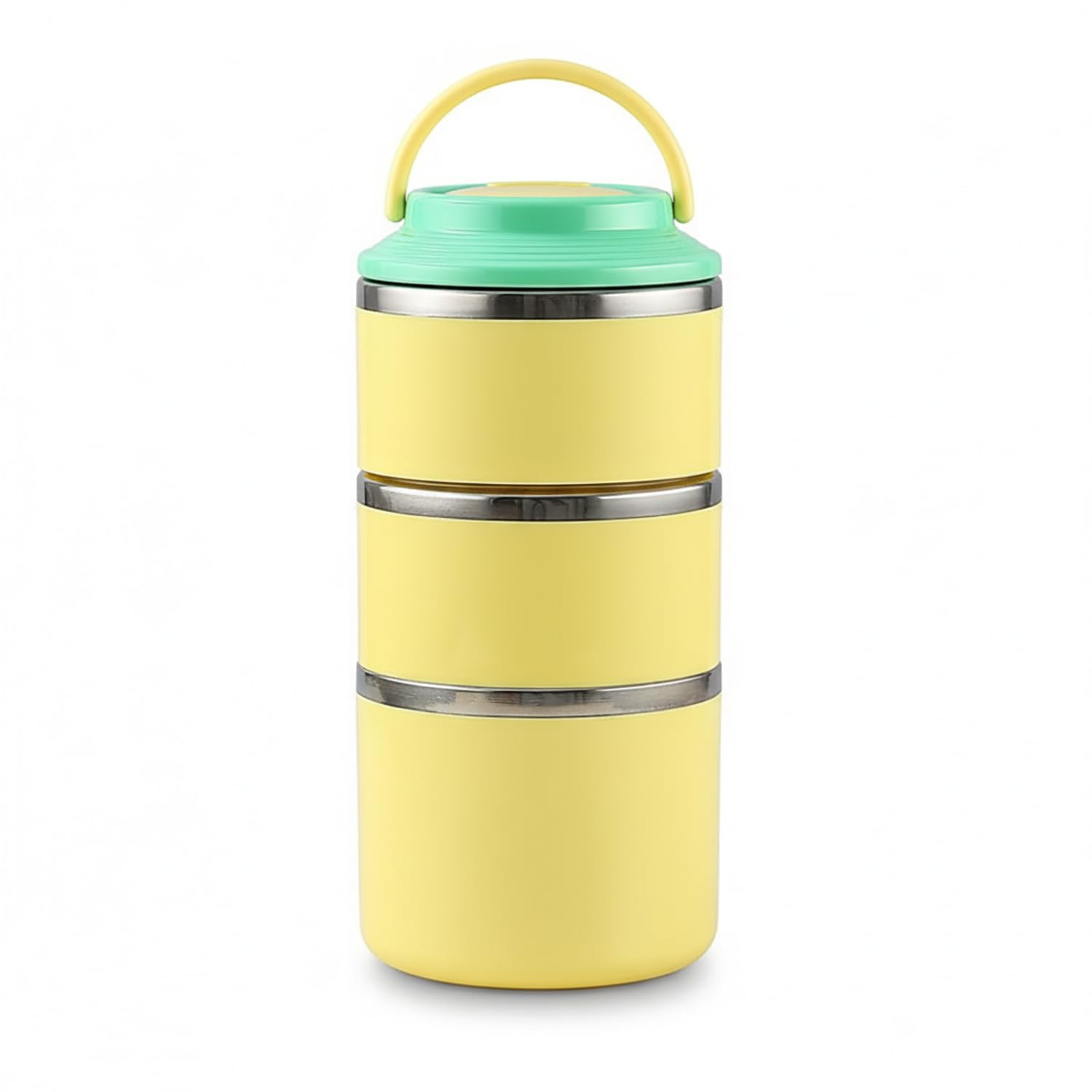 House of Quirk 304 Stainless Steel Lunch Box - 900ml Three-Layer Portable Bento Box with Lid for Office Workers & Students (Green/Yellow)