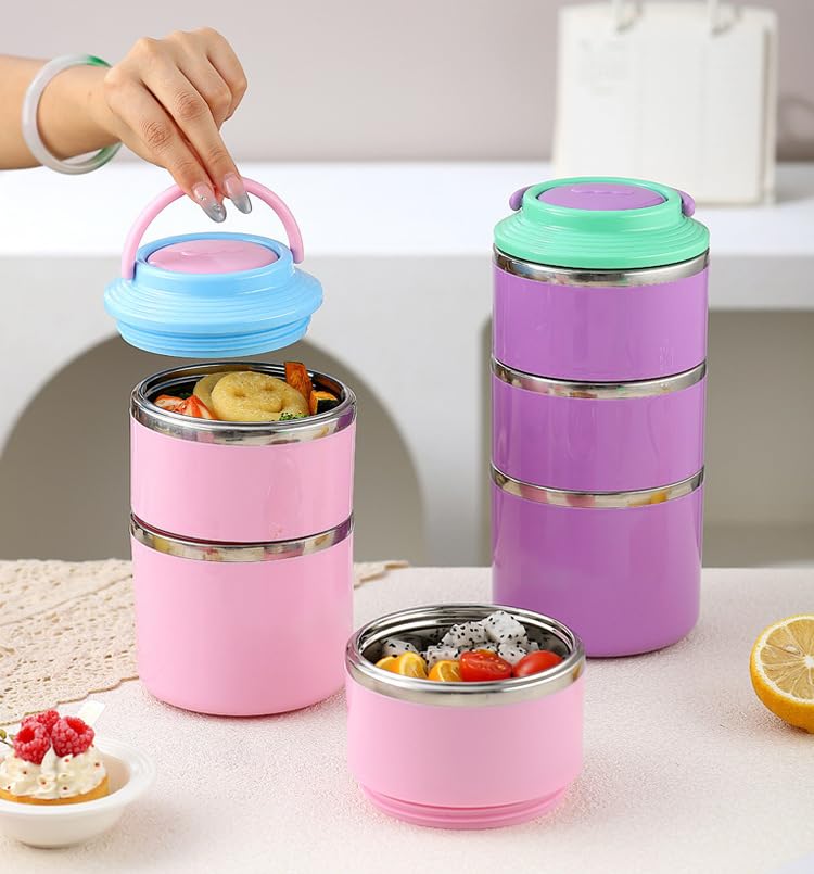 House of Quirk 304 Stainless Steel Lunch Box - 900ml Three-Layer Portable Bento Box with Lid for Office Workers & Students (Green/Yellow)