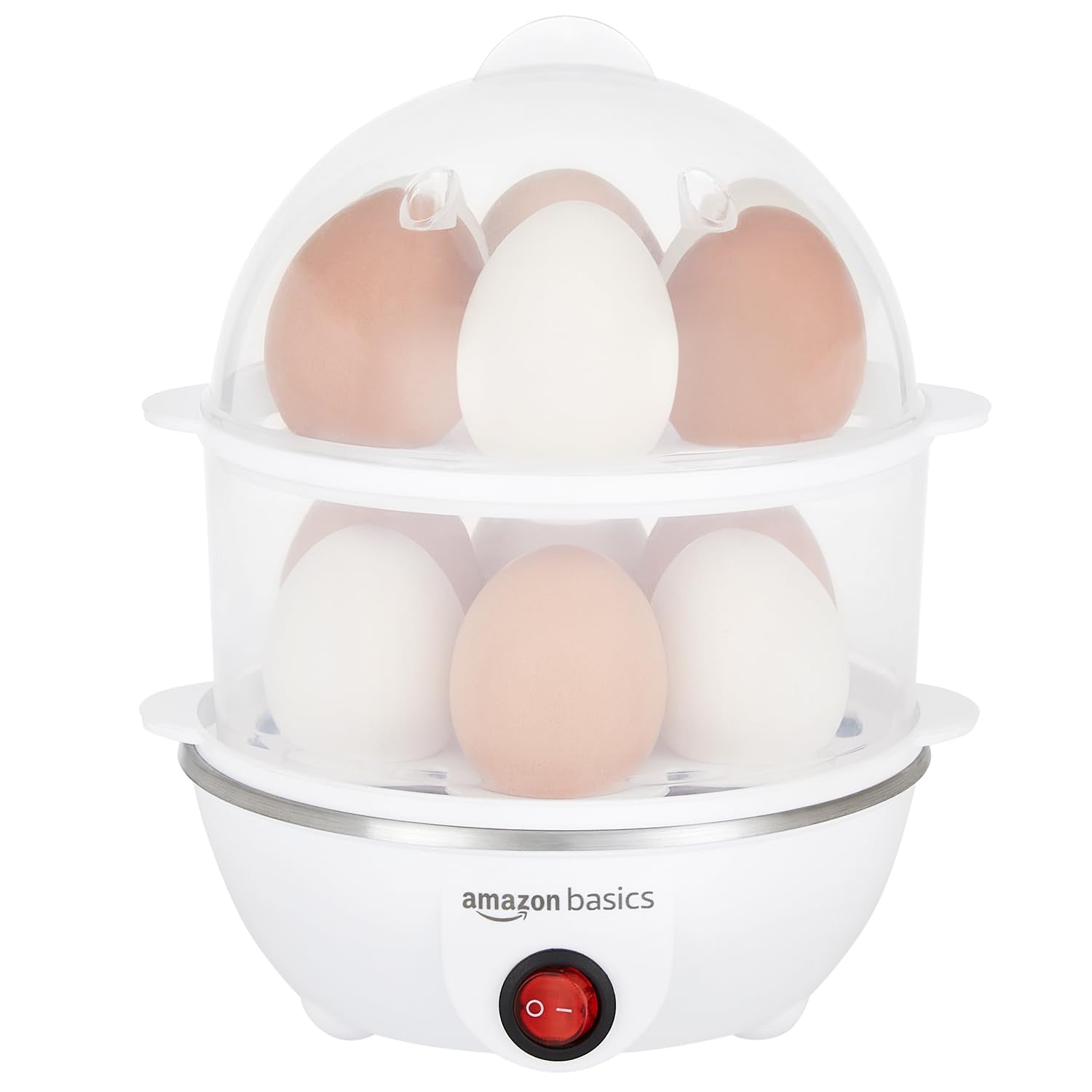 amazon basics Electric Egg Boiler | 350 Watt | Boils Upto 7 Eggs | Automatic Operation, 3 Boiling Modes | Overheat Protection | Stainless Steel Heating Plate, Measuring Cup | 75ml | Plastic | White