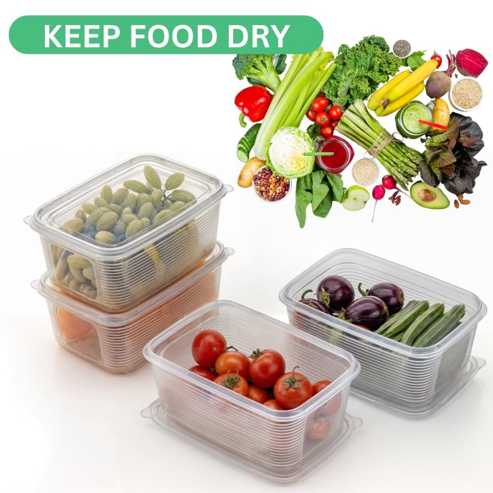 Fridge Storage Box -TEKCOOL (Pack of 6), Fridge Organiser Storage Boxes with Removable Drain Plate, Lids, Stackable Organizer, Fridge Storage Box Keep Fruits, Vegetables Fresher, 1500 ML