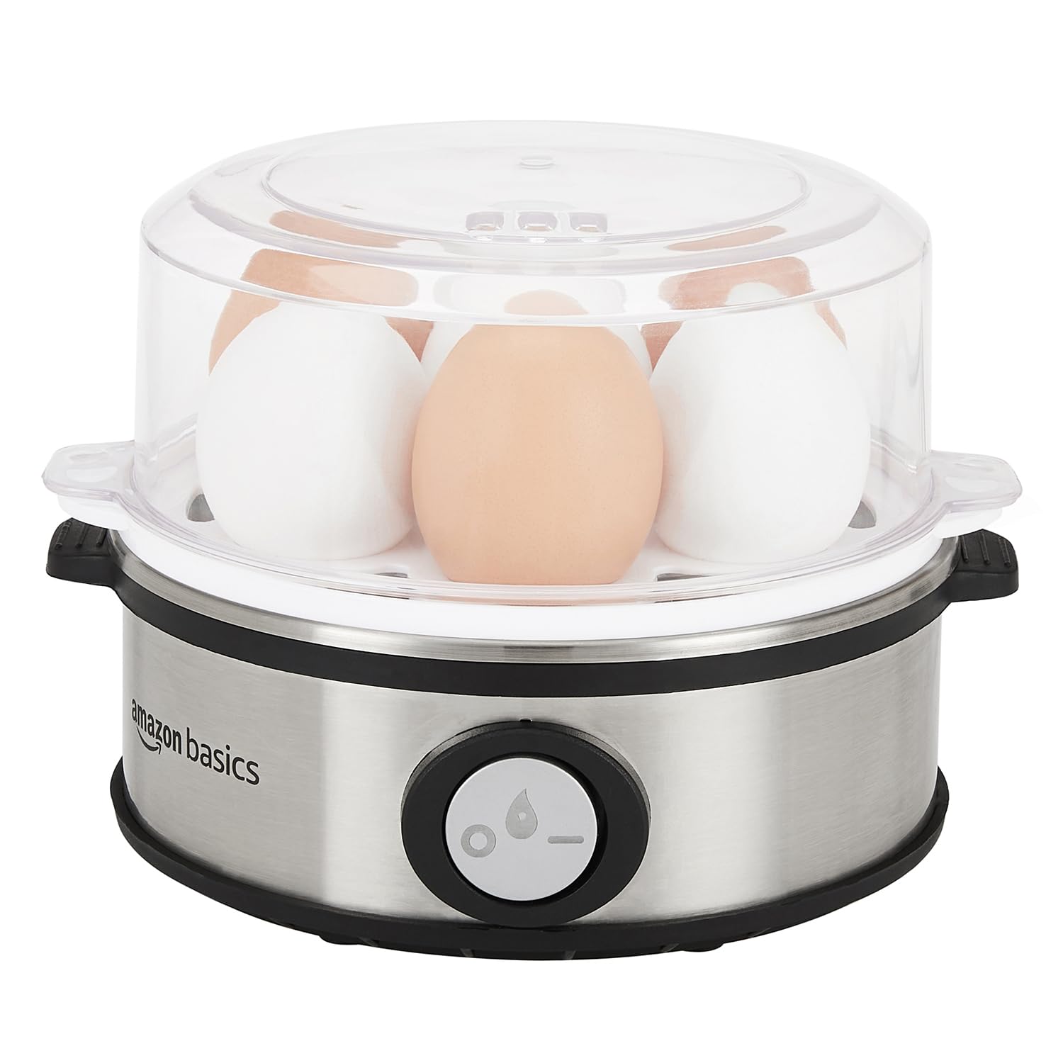 amazon basics Electric Egg Boiler | 350 Watt | Boils Upto 7 Eggs | Automatic Operation, 3 Boiling Modes | Overheat Protection | Stainless Steel Heating Plate, Measuring Cup | 75ml | Plastic | White