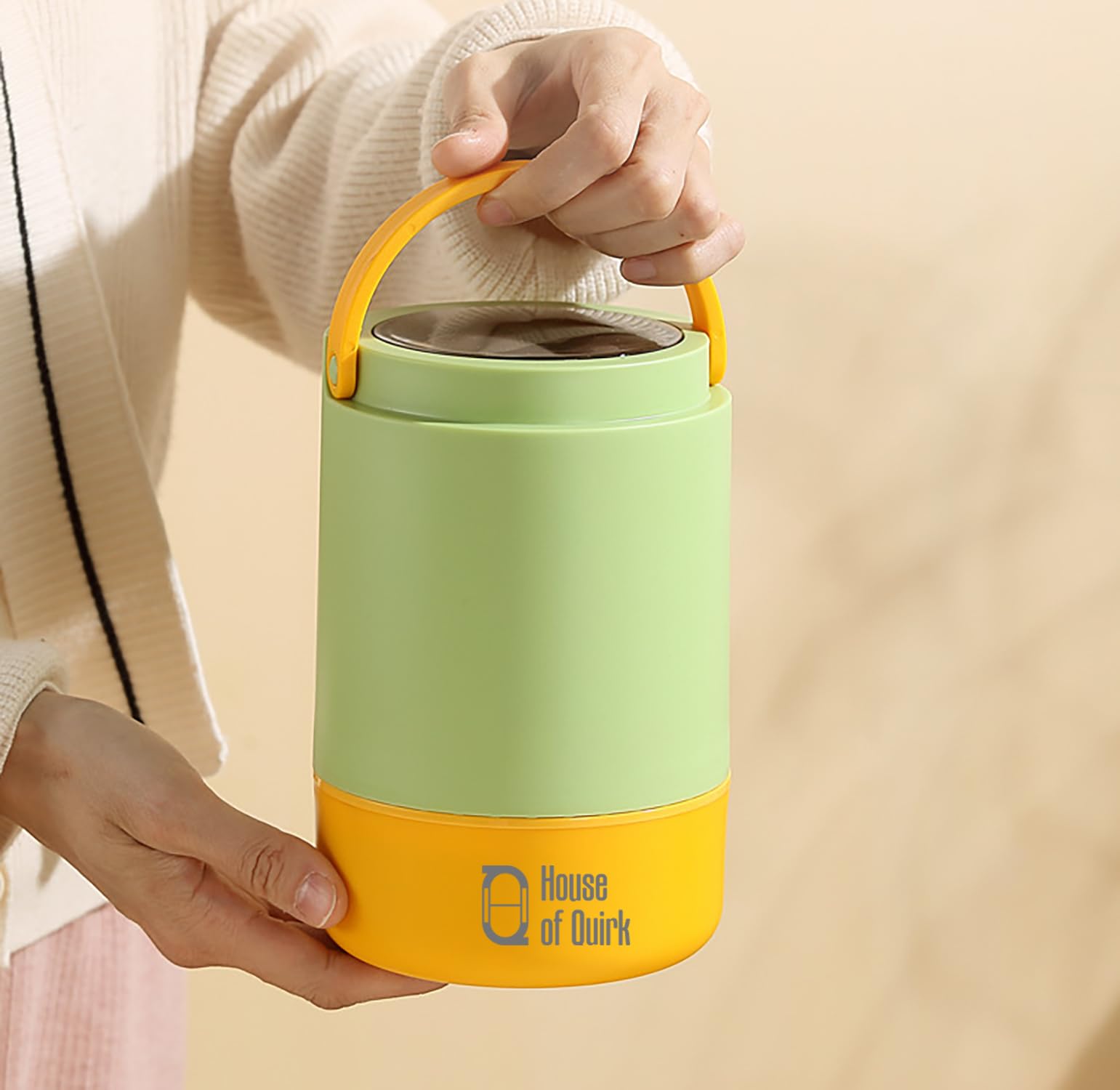 House of Quirk 304 Stainless Steel Lunch Box - 900ml Three-Layer Portable Bento Box with Lid for Office Workers & Students (Green/Yellow)