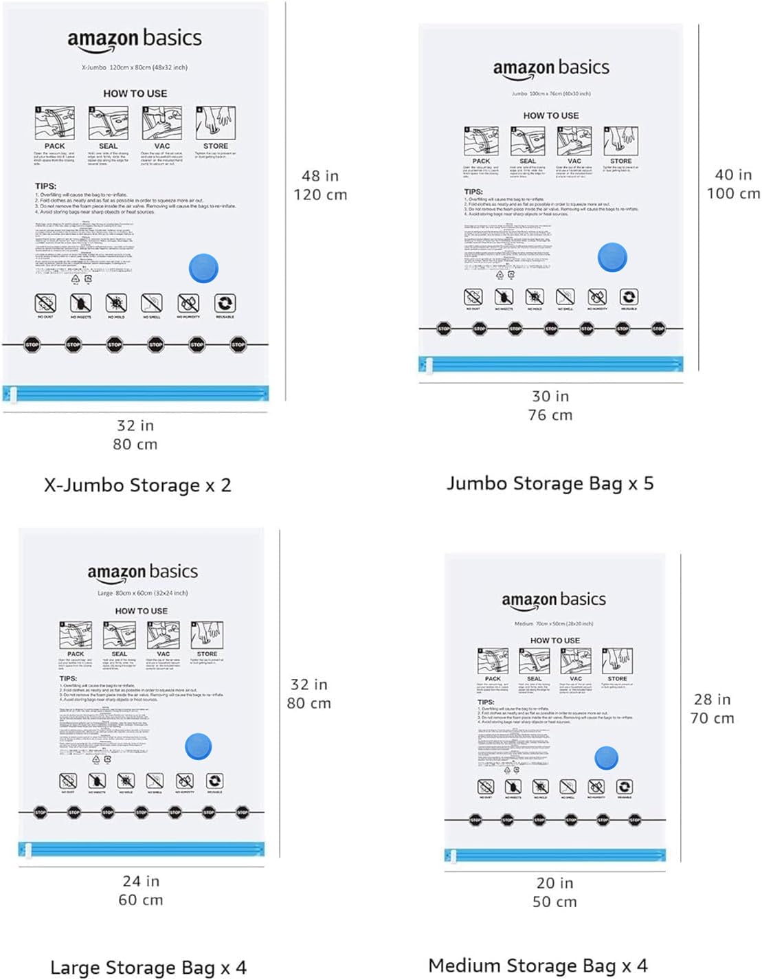 amazon basics Vacuum Compression Storage Bags with Hand Pump - Medium, 5-Pack