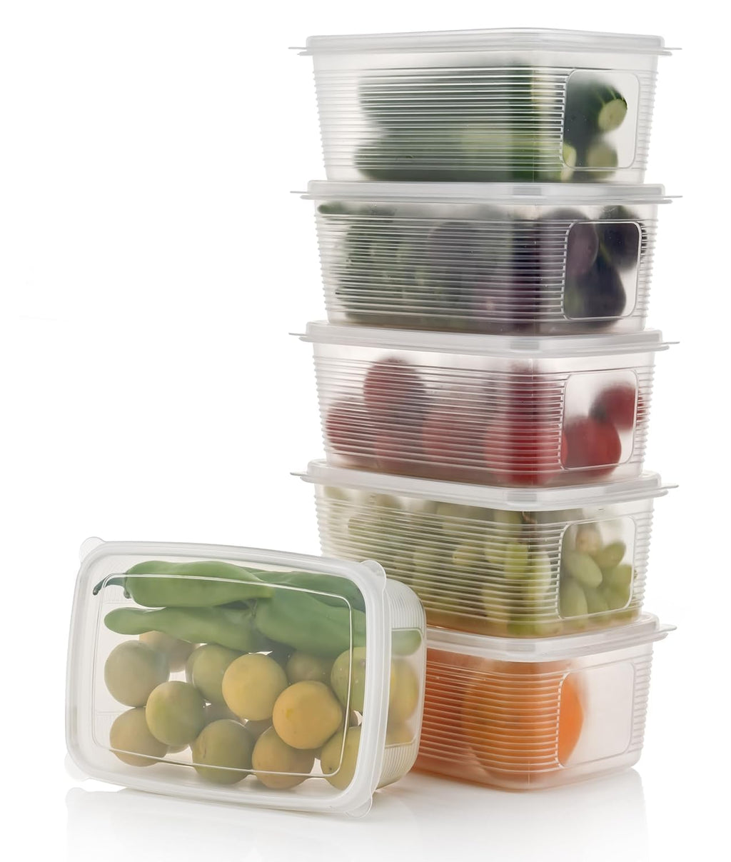 Fridge Storage Box -TEKCOOL (Pack of 6), Fridge Organiser Storage Boxes with Removable Drain Plate, Lids, Stackable Organizer, Fridge Storage Box Keep Fruits, Vegetables Fresher, 1500 ML