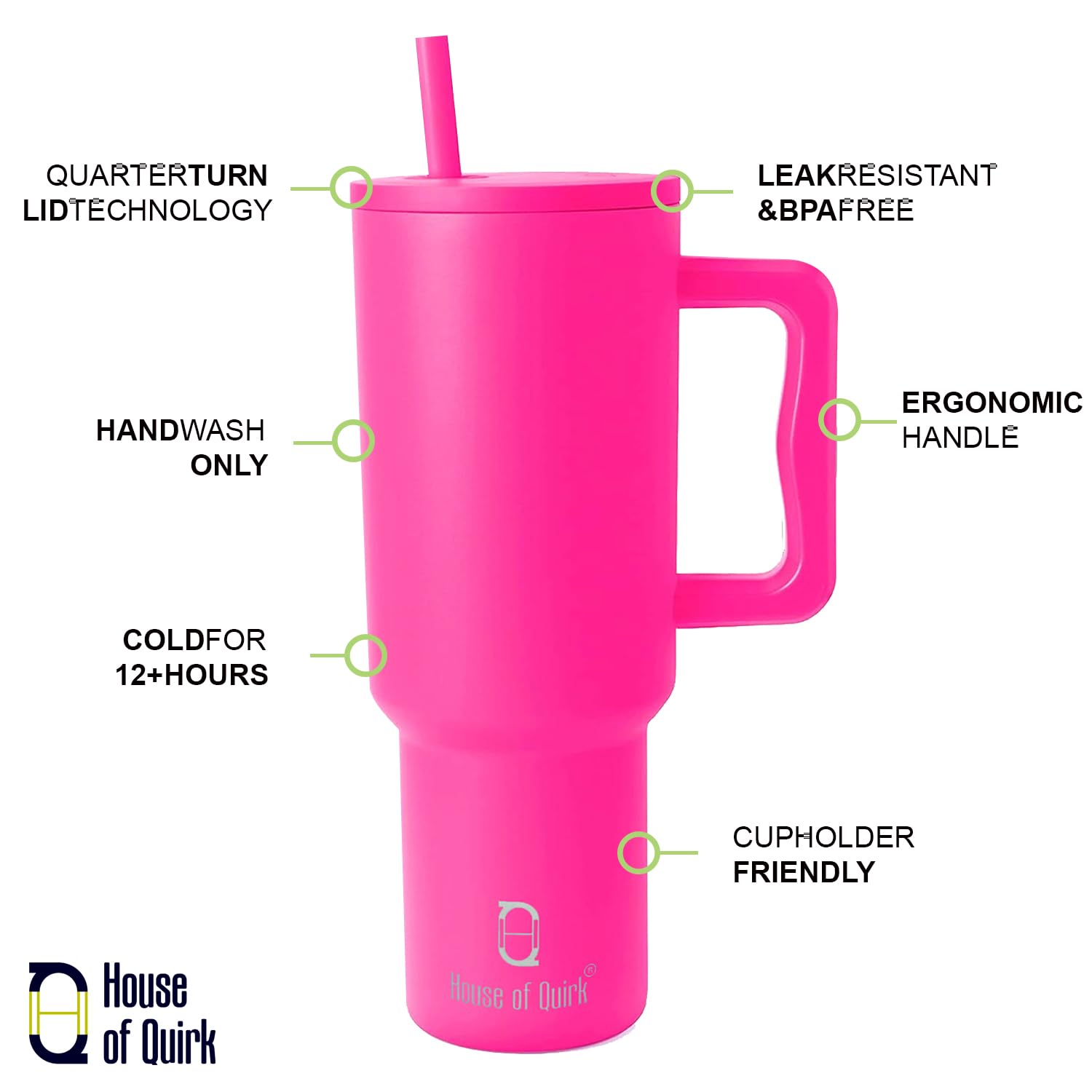 House of Quirk 1200ML Stainless Steel Tumbler with Handle & Lid, 2 Straws – Large Travel Mug Water Cup for Gym, Office & Outdoor Use (Misty Rose)