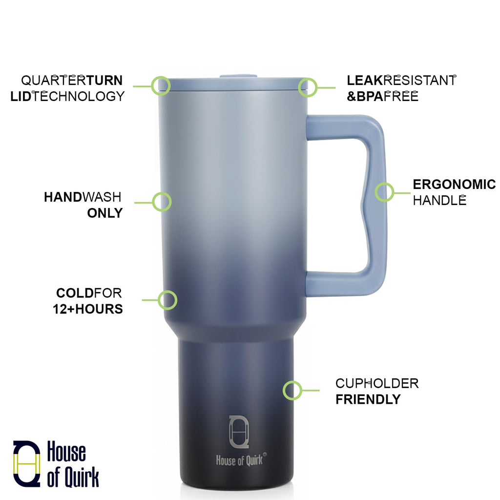 House of Quirk 1200ML Stainless Steel Tumbler with Handle & Lid, 2 Straws – Large Travel Mug Water Cup for Gym, Office & Outdoor Use (Misty Rose)