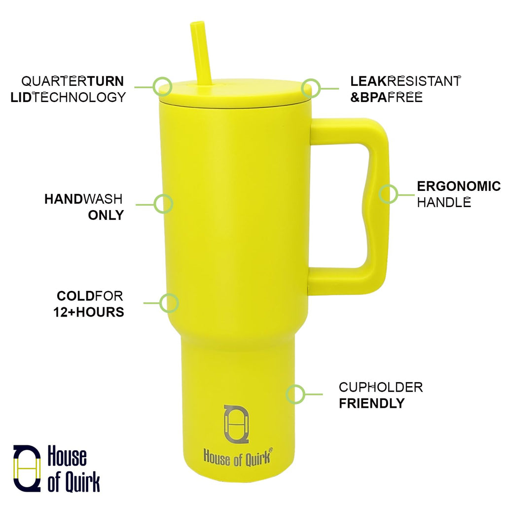 House of Quirk 1200ML Stainless Steel Tumbler with Handle & Lid, 2 Straws – Large Travel Mug Water Cup for Gym, Office & Outdoor Use (Misty Rose)