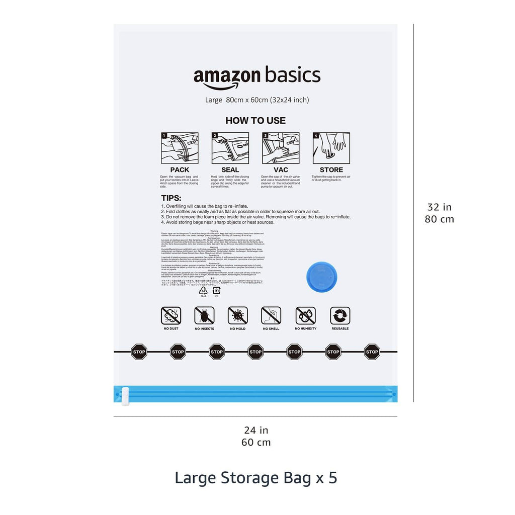 amazon basics Vacuum Compression Storage Bags with Hand Pump - Medium, 5-Pack