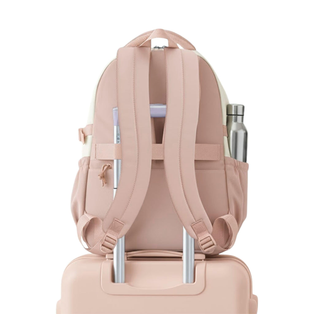 Cute School Backpack for Girls – Stylish Pink & White Large Capacity Bookbag with Plush Keychain, Multiple Pockets, Lightweight Travel & College Bag