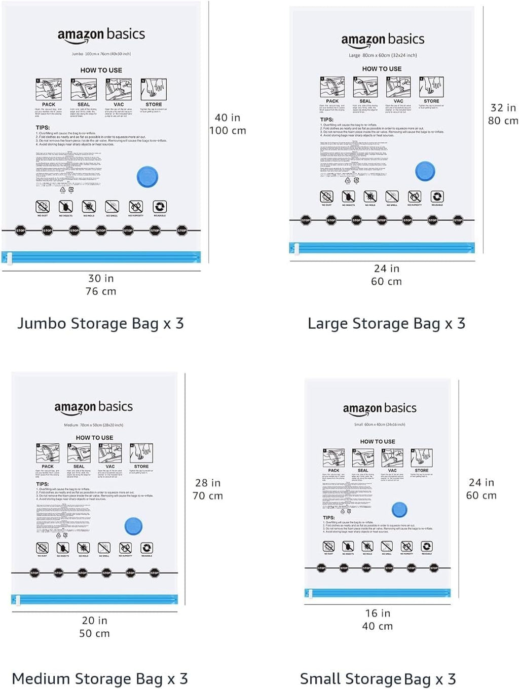 amazon basics Vacuum Compression Storage Bags with Hand Pump - Medium, 5-Pack