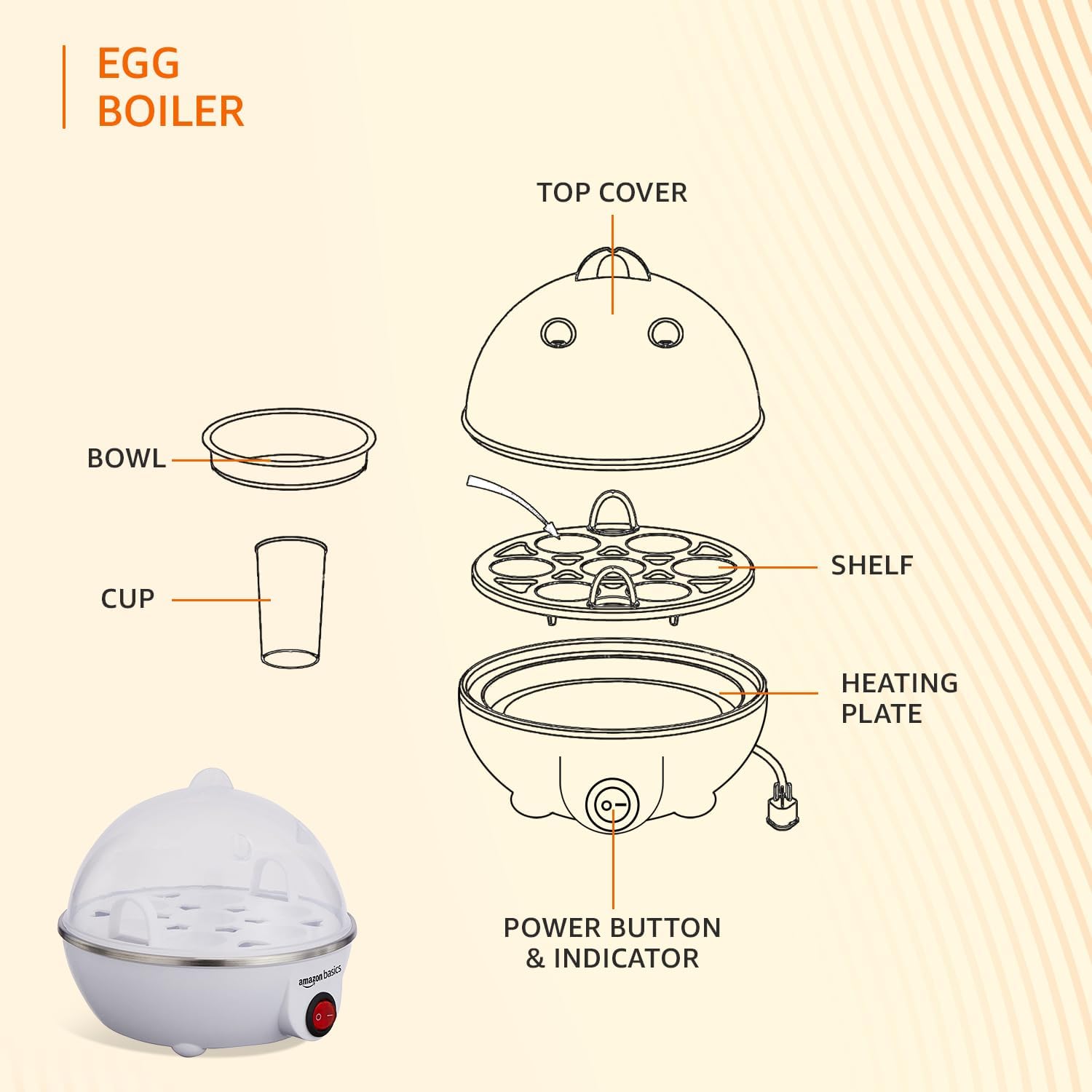 amazon basics Electric Egg Boiler | 350 Watt | Boils Upto 7 Eggs | Automatic Operation, 3 Boiling Modes | Overheat Protection | Stainless Steel Heating Plate, Measuring Cup | 75ml | Plastic | White