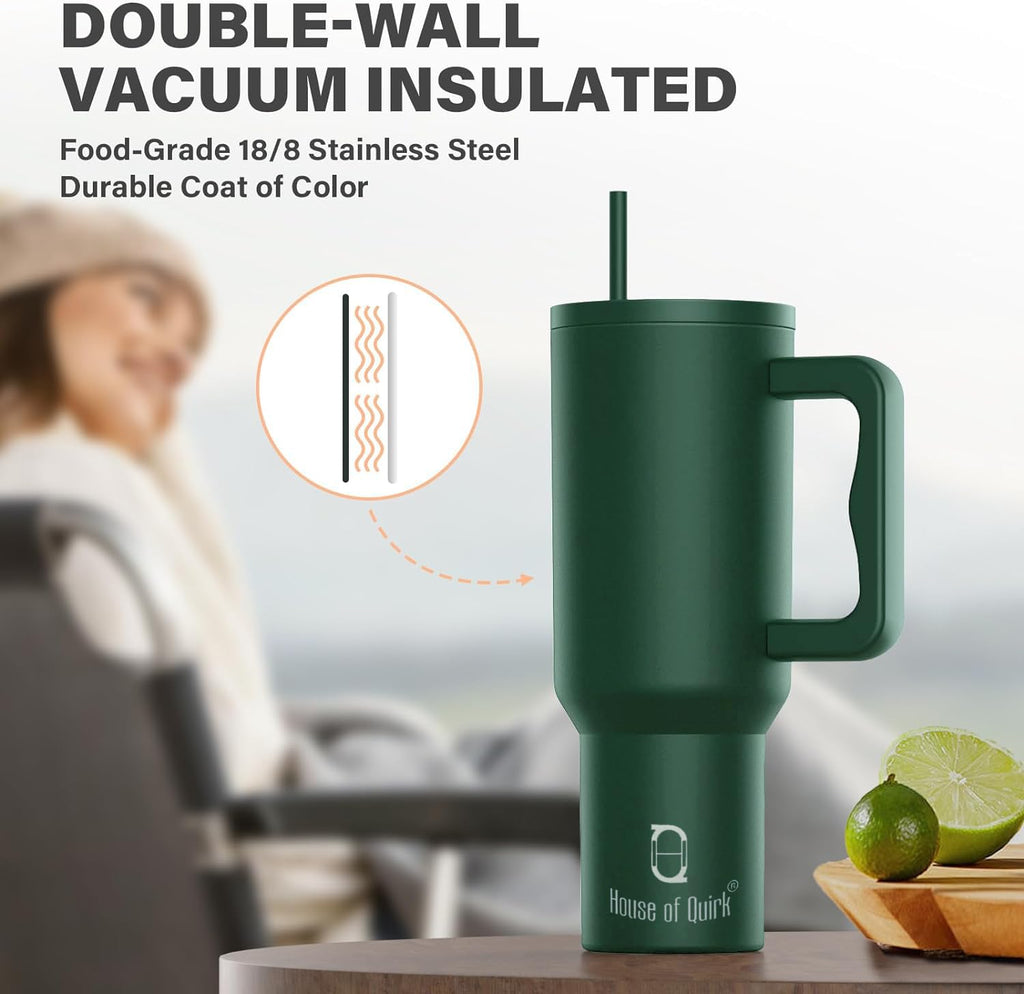 House of Quirk 1200ML Stainless Steel Tumbler with Handle & Lid, 2 Straws – Large Travel Mug Water Cup for Gym, Office & Outdoor Use (Misty Rose)