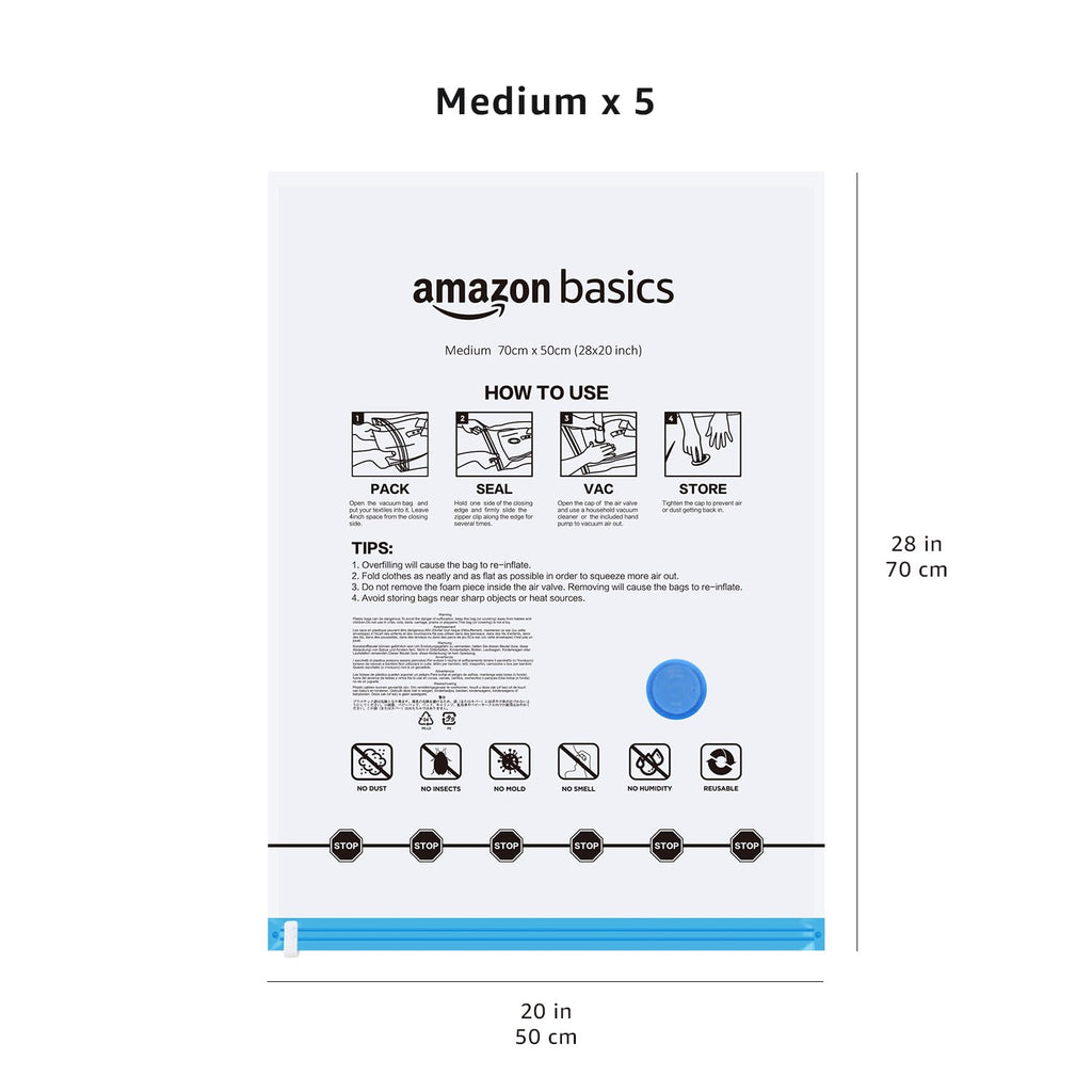 amazon basics Vacuum Compression Storage Bags with Hand Pump - Medium, 5-Pack