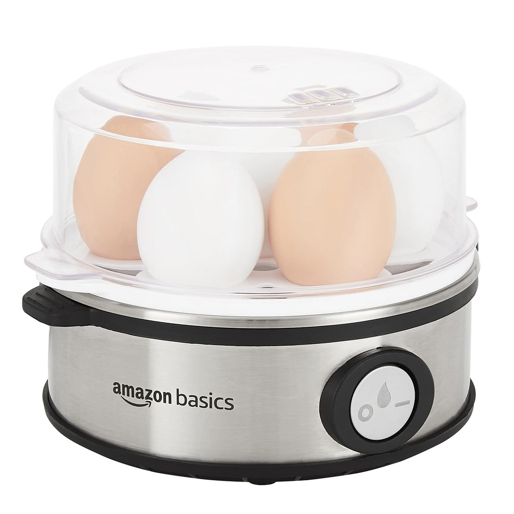 amazon basics Electric Egg Boiler | 350 Watt | Boils Upto 7 Eggs | Automatic Operation, 3 Boiling Modes | Overheat Protection | Stainless Steel Heating Plate, Measuring Cup | 75ml | Plastic | White