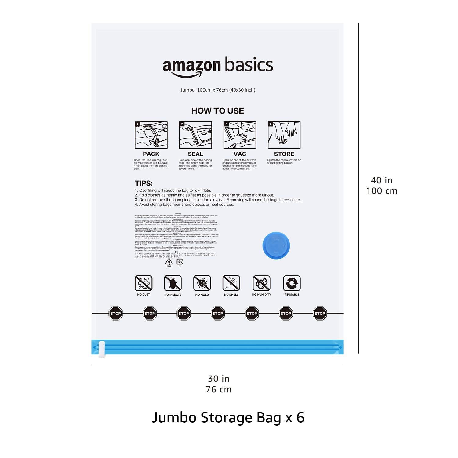 amazon basics Vacuum Compression Storage Bags with Hand Pump - Medium, 5-Pack