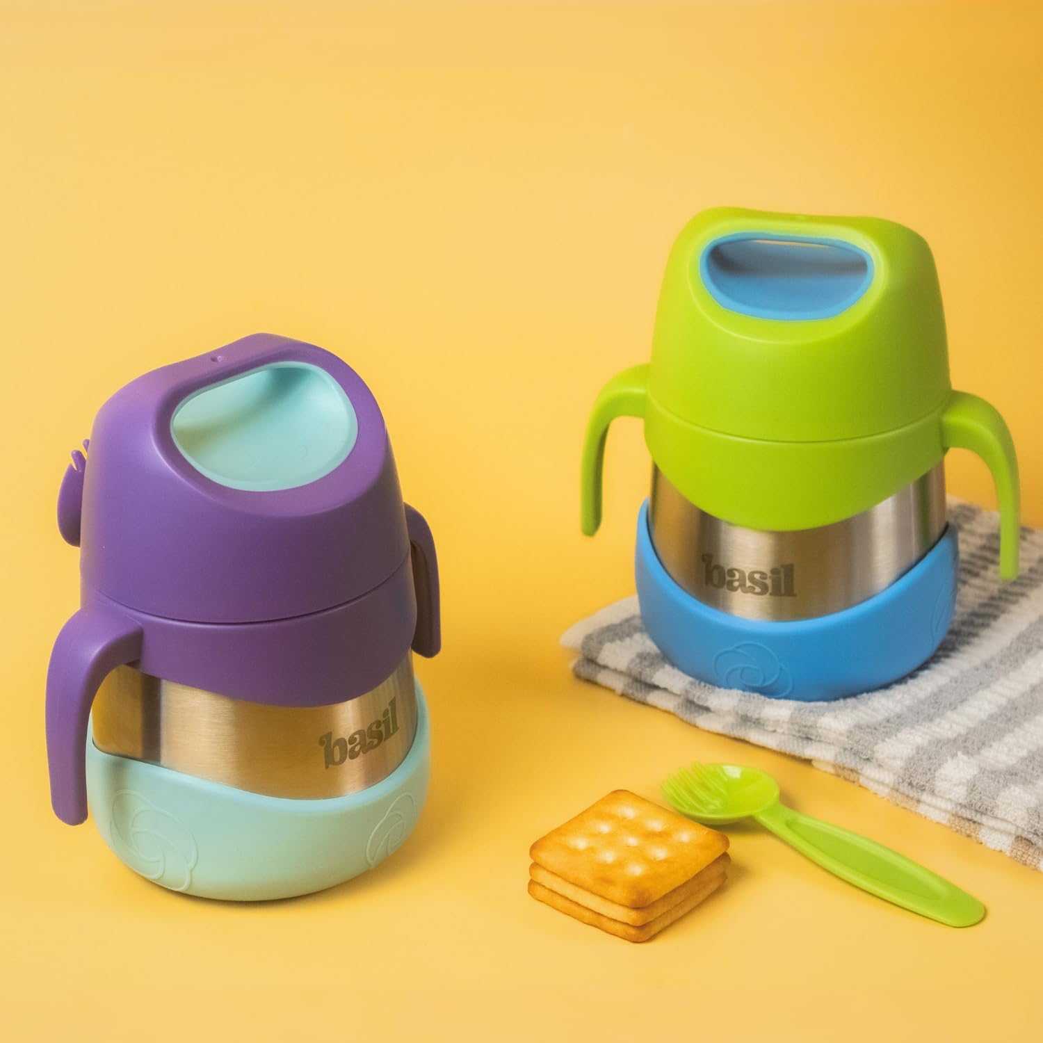 Basil ThermoTot Kids Insulated Food Jar 320ml | 304 Stainless Steel | BPA-Free | Double Wall Vacuum Lunch Box with Handle & Spork | Hot Cold Storage for School Travel Picnics - Grape