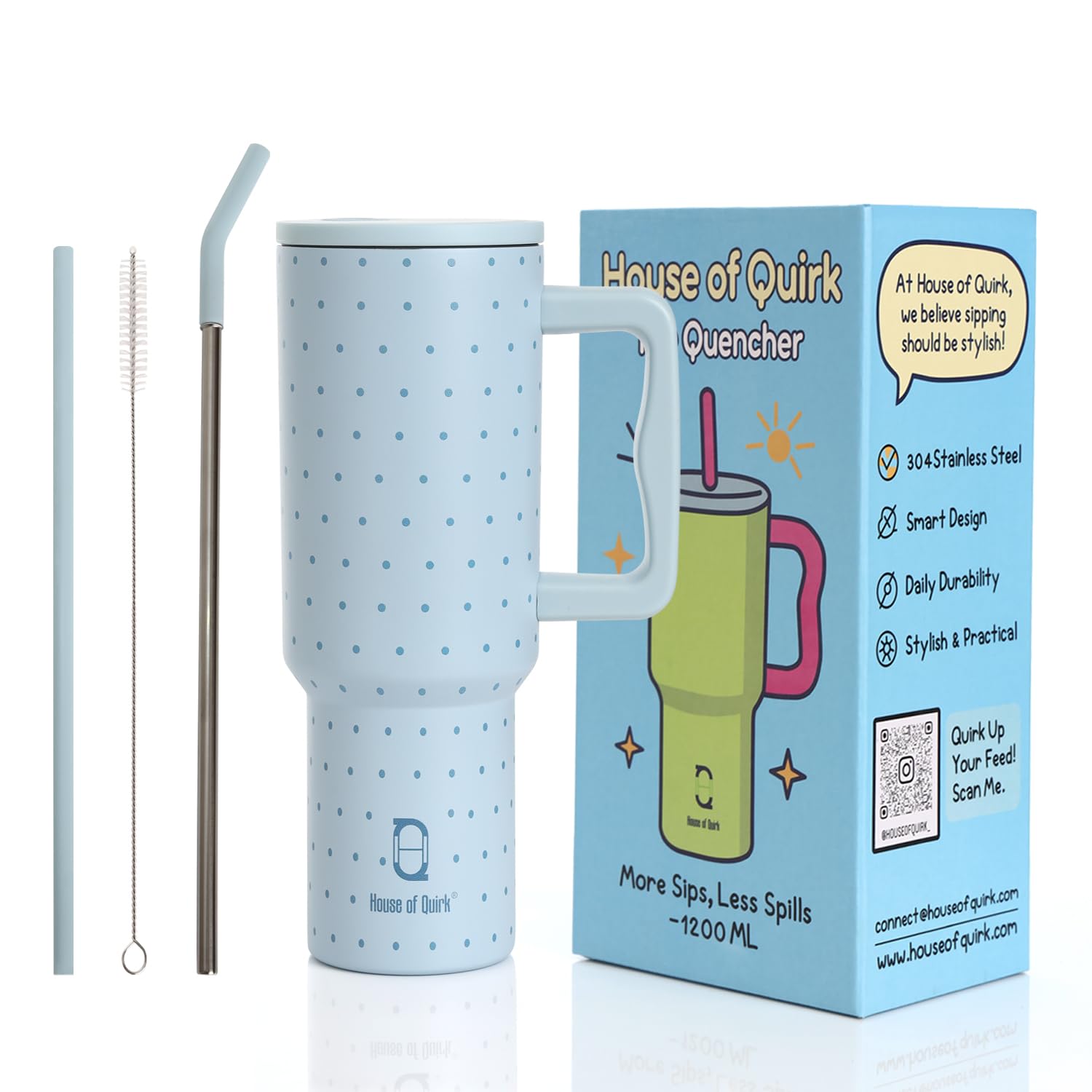 House of Quirk 1200ML Stainless Steel Tumbler with Handle & Lid, 2 Straws – Large Travel Mug Water Cup for Gym, Office & Outdoor Use (Misty Rose)