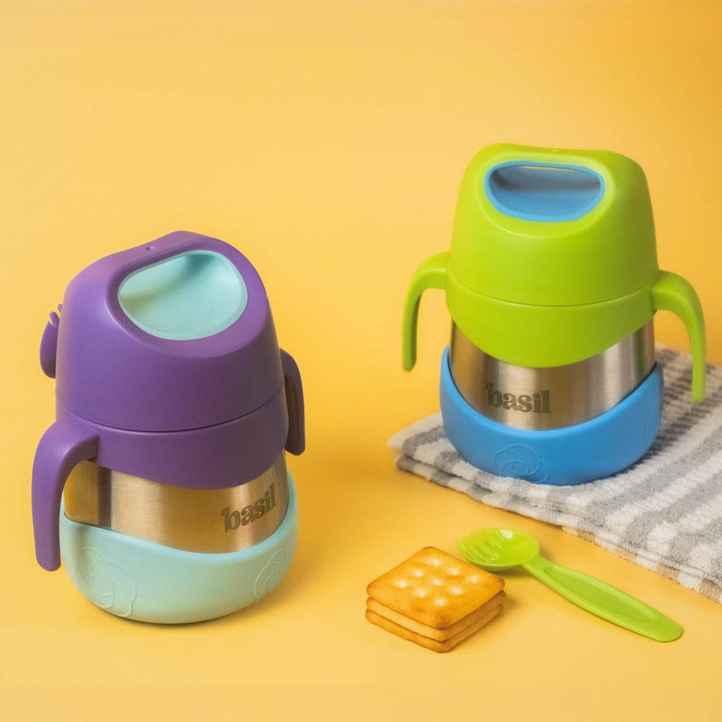 Basil ThermoTot Kids Insulated Food Jar 320ml | 304 Stainless Steel | BPA-Free | Double Wall Vacuum Lunch Box with Handle & Spork | Hot Cold Storage for School Travel Picnics - Grape