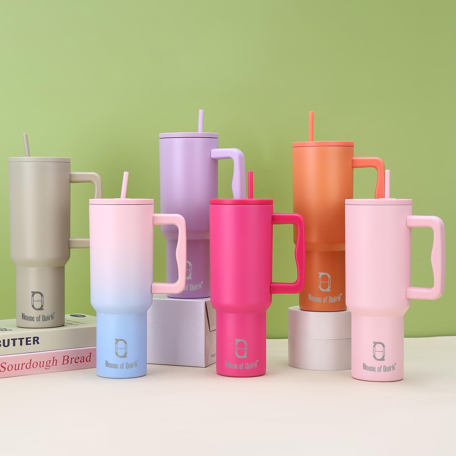 House of Quirk 1200ML Stainless Steel Tumbler with Handle & Lid, 2 Straws – Large Travel Mug Water Cup for Gym, Office & Outdoor Use (Misty Rose)