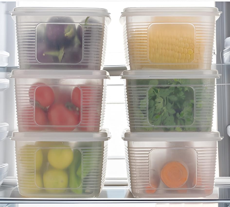 Fridge Storage Box -TEKCOOL (Pack of 6), Fridge Organiser Storage Boxes with Removable Drain Plate, Lids, Stackable Organizer, Fridge Storage Box Keep Fruits, Vegetables Fresher, 1500 ML