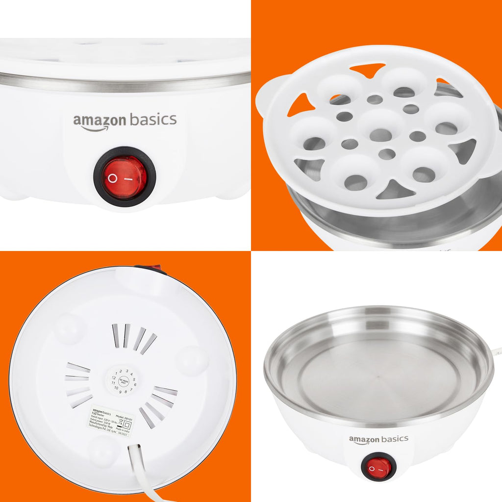 amazon basics Electric Egg Boiler | 350 Watt | Boils Upto 7 Eggs | Automatic Operation, 3 Boiling Modes | Overheat Protection | Stainless Steel Heating Plate, Measuring Cup | 75ml | Plastic | White
