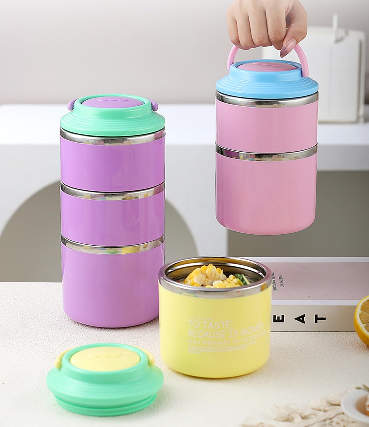 House of Quirk 304 Stainless Steel Lunch Box - 900ml Three-Layer Portable Bento Box with Lid for Office Workers & Students (Green/Yellow)