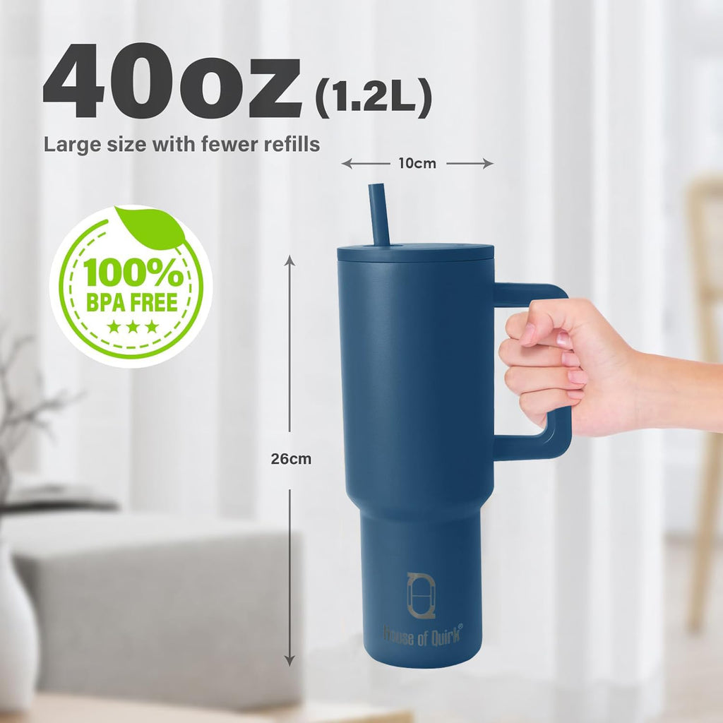 House of Quirk 1200ML Stainless Steel Tumbler with Handle & Lid, 2 Straws – Large Travel Mug Water Cup for Gym, Office & Outdoor Use (Misty Rose)