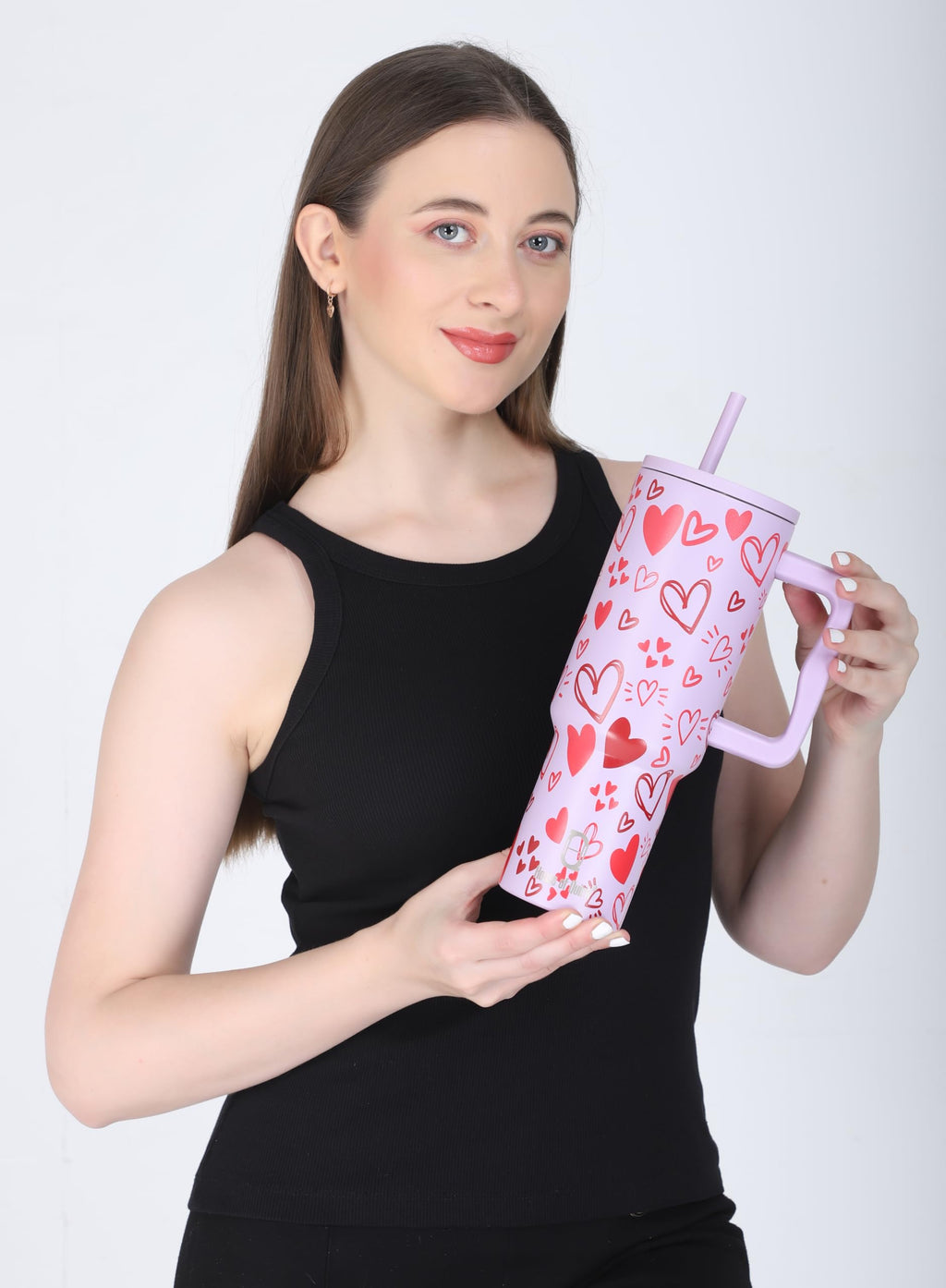 House of Quirk 1200ML Stainless Steel Tumbler with Handle & Lid, 2 Straws – Large Travel Mug Water Cup for Gym, Office & Outdoor Use (Misty Rose)