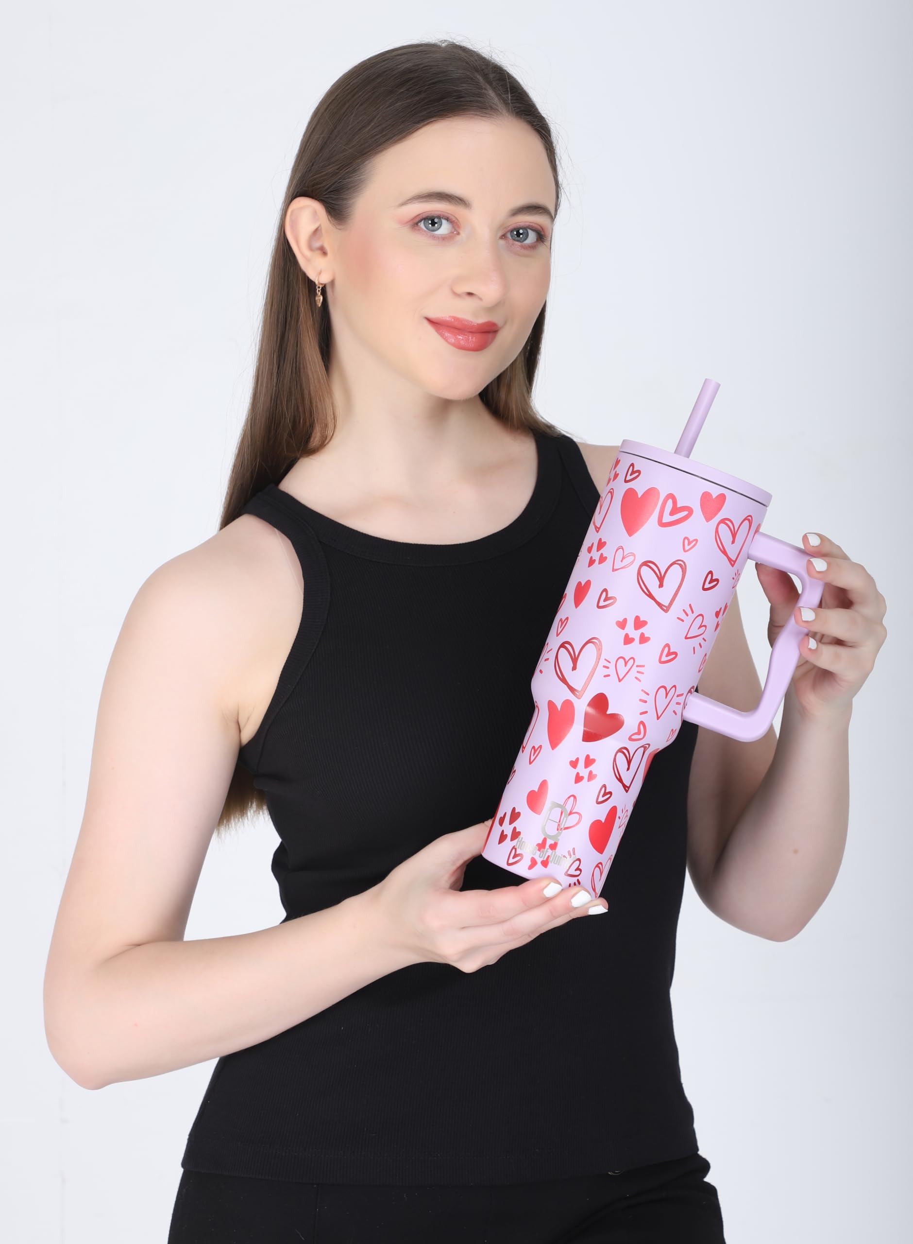 House of Quirk 1200ML Stainless Steel Tumbler with Handle & Lid, 2 Straws – Large Travel Mug Water Cup for Gym, Office & Outdoor Use (Misty Rose)