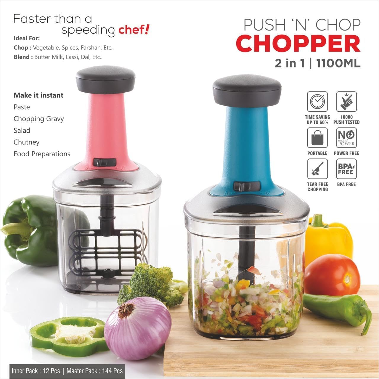 Chopper for Kitchen Use | 1100 ml Square Push Chopper with 5 Blades | Chopping Vegetables & Fruits, Onion, Ginger, Garlic, Salad, Tomato, Potato (Blue)
