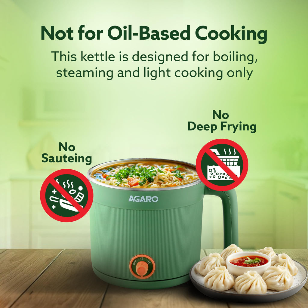 AGARO Regency Multi Cook Kettle With Steamer, 1.2L Inner Pot, Double Layered Body, Variable Temperature Settings, Wide Mouth, Boiling, Steaming, Tea, Coffee, Egg, Vegetable Boiling, 600W, Sea Green