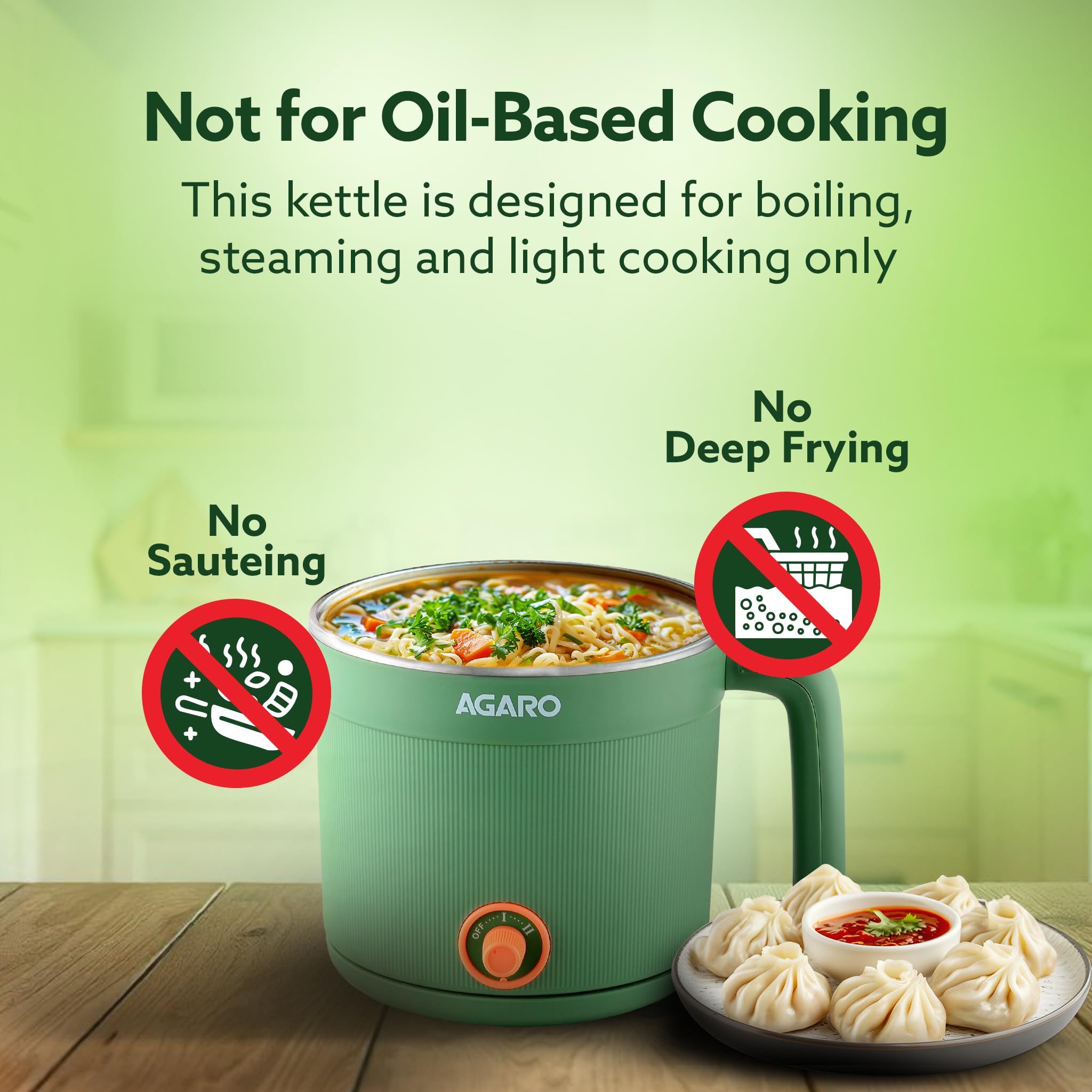 AGARO Regency Multi Cook Kettle With Steamer, 1.2L Inner Pot, Double Layered Body, Variable Temperature Settings, Wide Mouth, Boiling, Steaming, Tea, Coffee, Egg, Vegetable Boiling, 600W, Sea Green