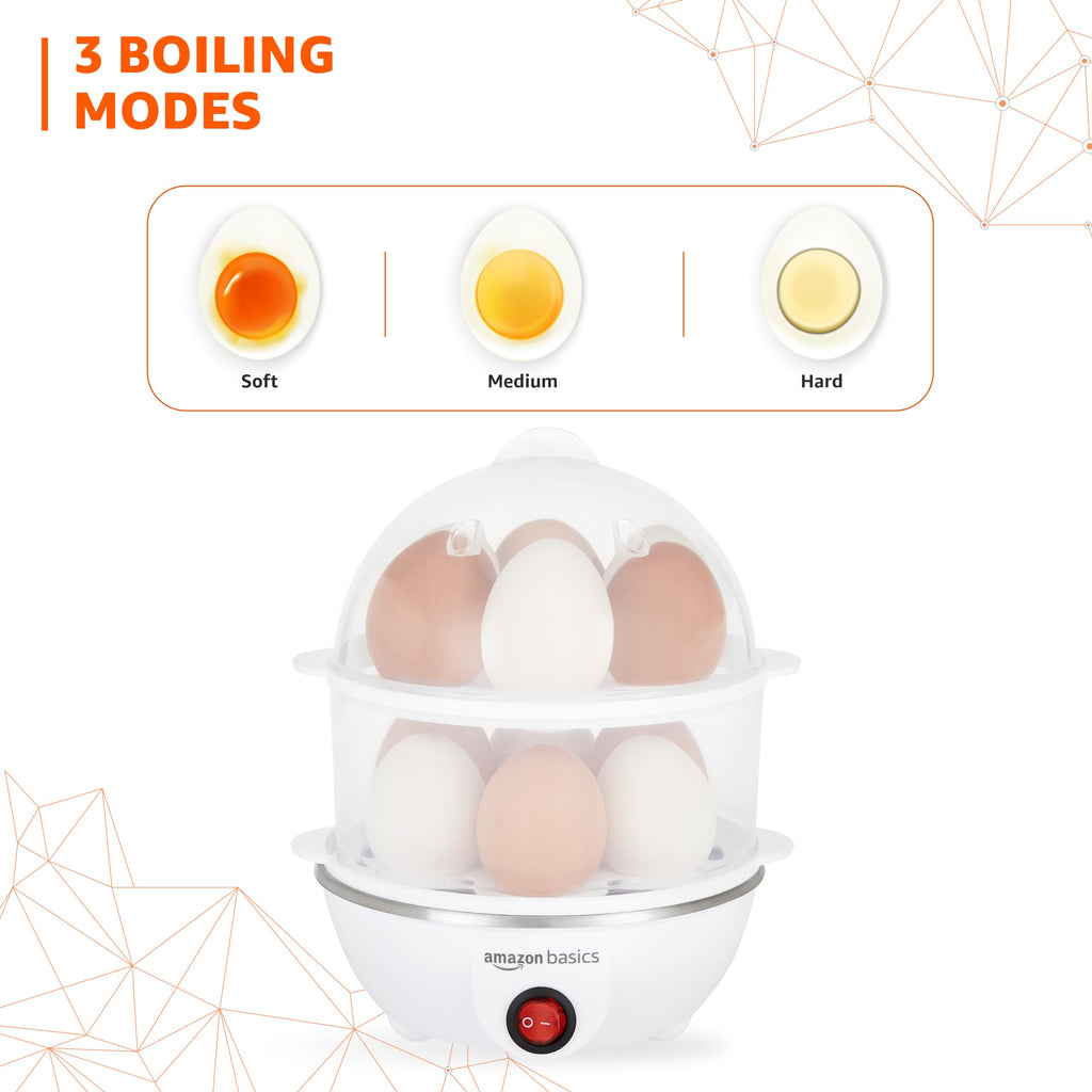amazon basics Electric Egg Boiler | 350 Watt | Boils Upto 7 Eggs | Automatic Operation, 3 Boiling Modes | Overheat Protection | Stainless Steel Heating Plate, Measuring Cup | 75ml | Plastic | White