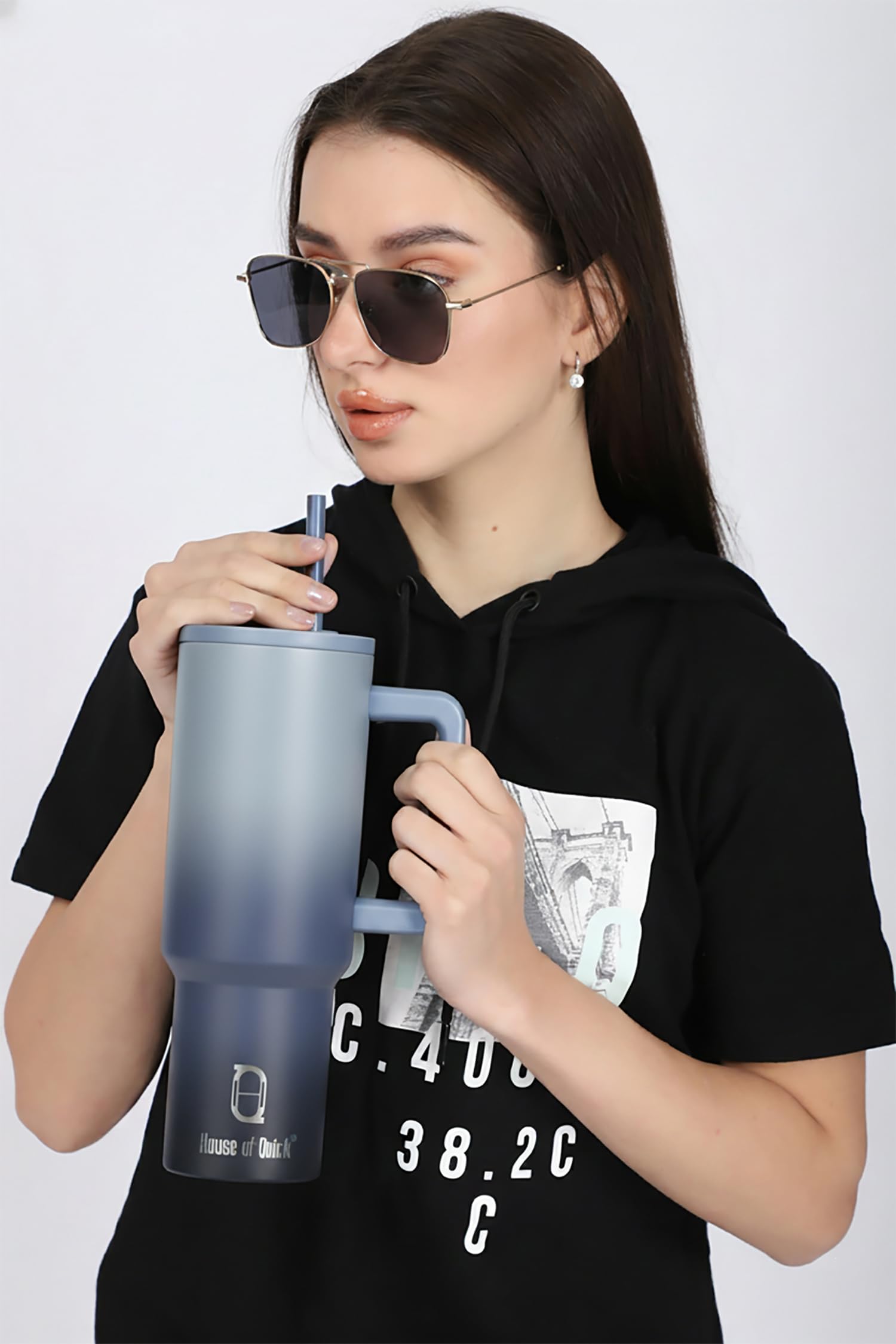 House of Quirk 1200ML Stainless Steel Tumbler with Handle & Lid, 2 Straws – Large Travel Mug Water Cup for Gym, Office & Outdoor Use (Misty Rose)