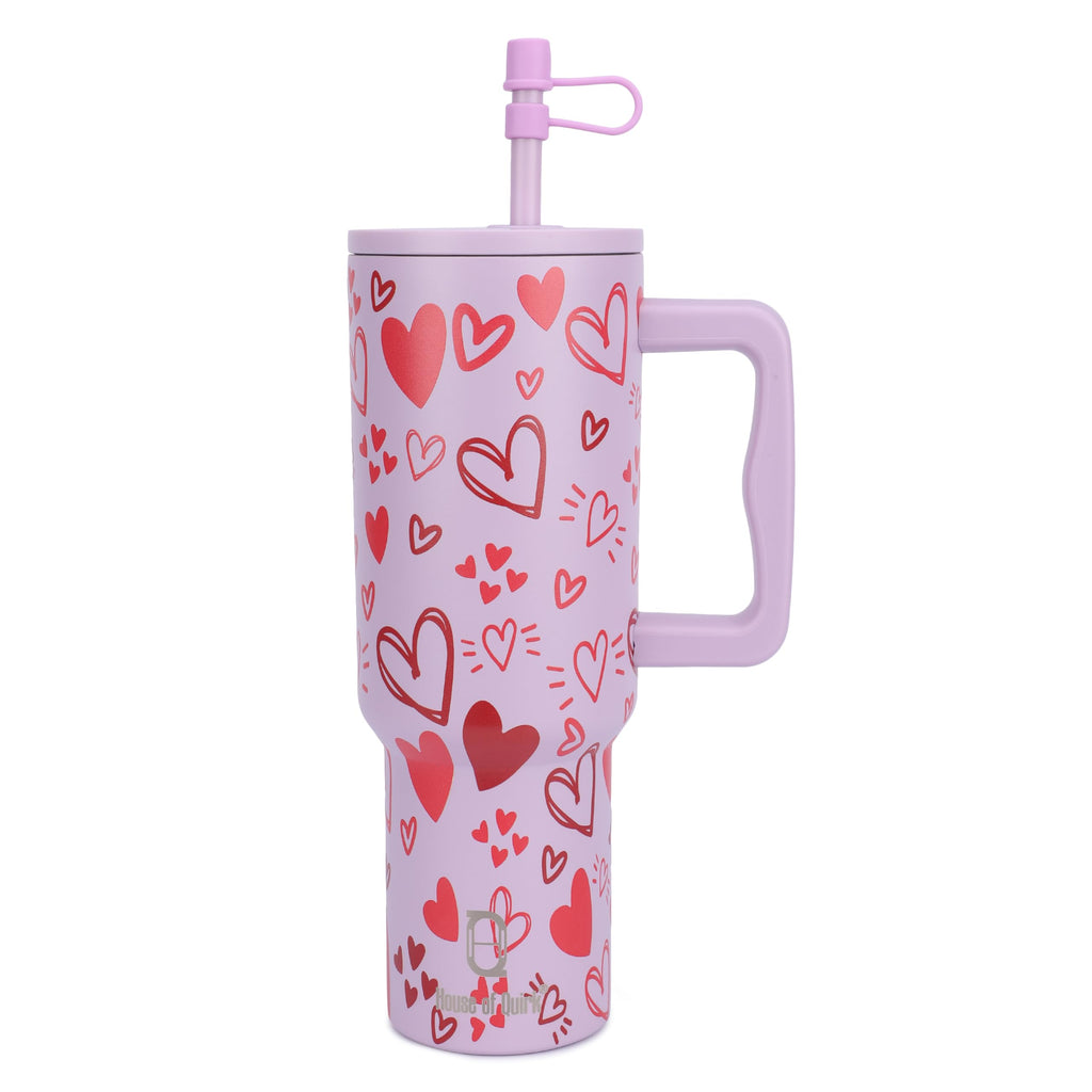 House of Quirk 1200ML Stainless Steel Tumbler with Handle & Lid, 2 Straws – Large Travel Mug Water Cup for Gym, Office & Outdoor Use (Misty Rose)