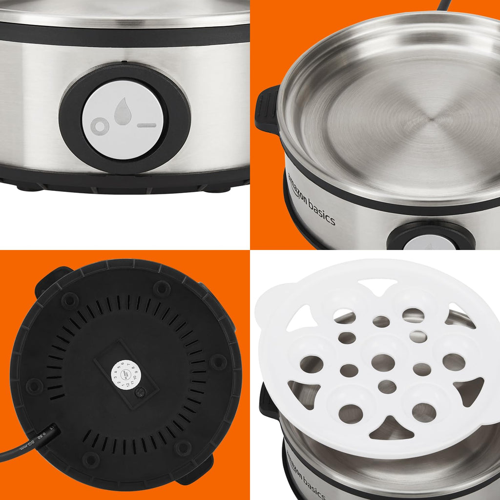 amazon basics Electric Egg Boiler | 350 Watt | Boils Upto 7 Eggs | Automatic Operation, 3 Boiling Modes | Overheat Protection | Stainless Steel Heating Plate, Measuring Cup | 75ml | Plastic | White