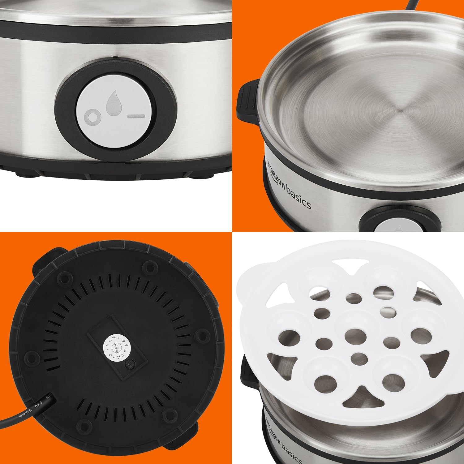 amazon basics Electric Egg Boiler | 350 Watt | Boils Upto 7 Eggs | Automatic Operation, 3 Boiling Modes | Overheat Protection | Stainless Steel Heating Plate, Measuring Cup | 75ml | Plastic | White