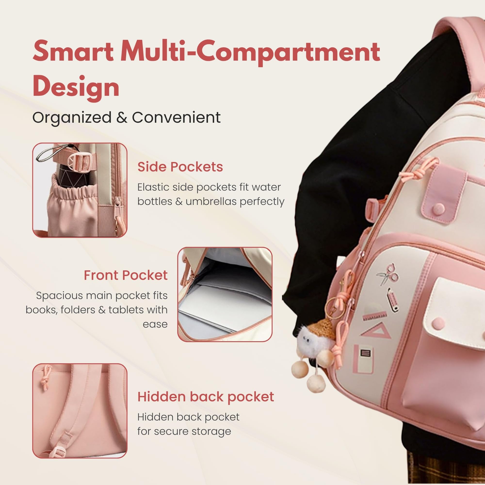 Cute School Backpack for Girls – Stylish Pink & White Large Capacity Bookbag with Plush Keychain, Multiple Pockets, Lightweight Travel & College Bag