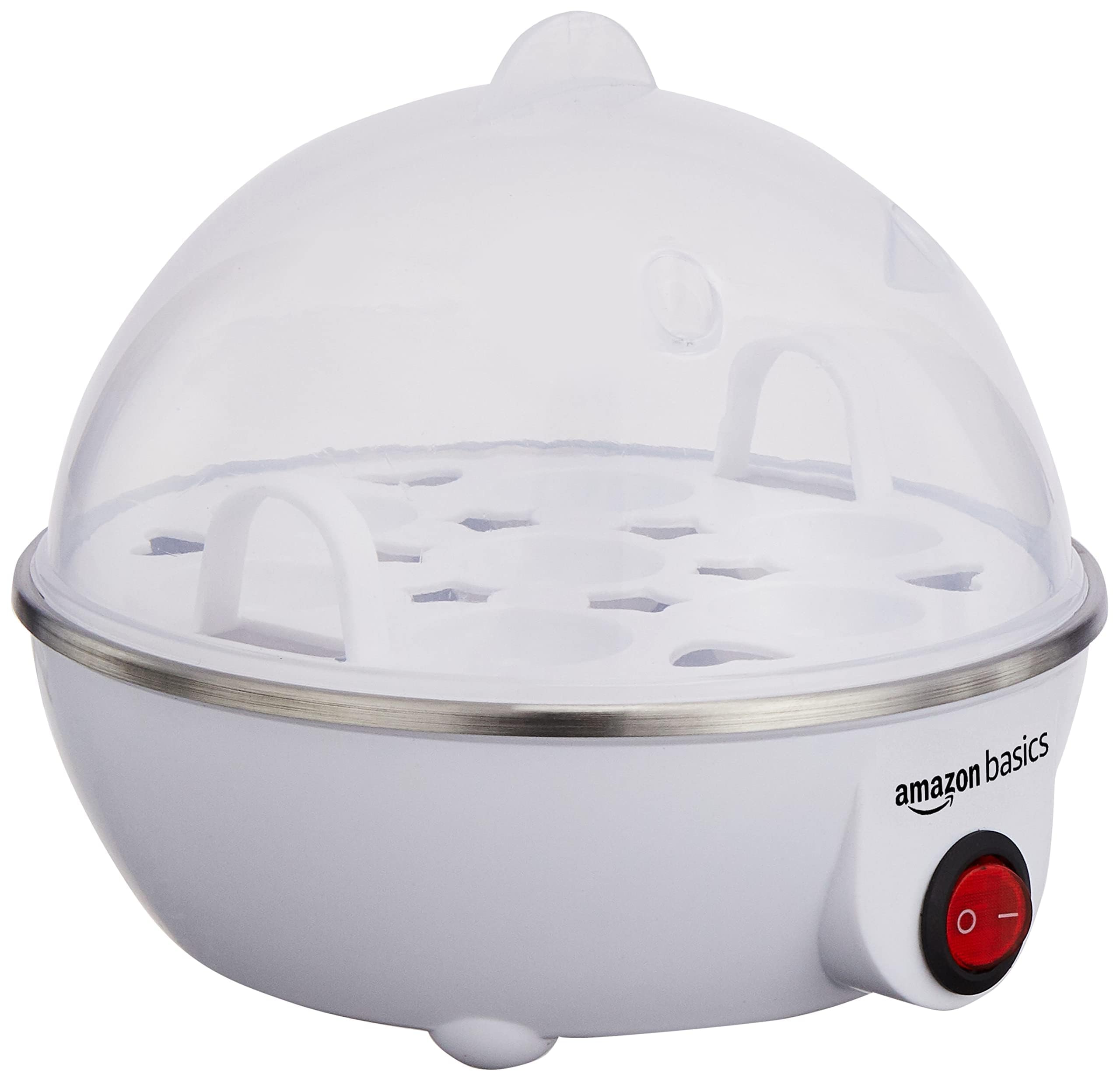 amazon basics Electric Egg Boiler | 350 Watt | Boils Upto 7 Eggs | Automatic Operation, 3 Boiling Modes | Overheat Protection | Stainless Steel Heating Plate, Measuring Cup | 75ml | Plastic | White